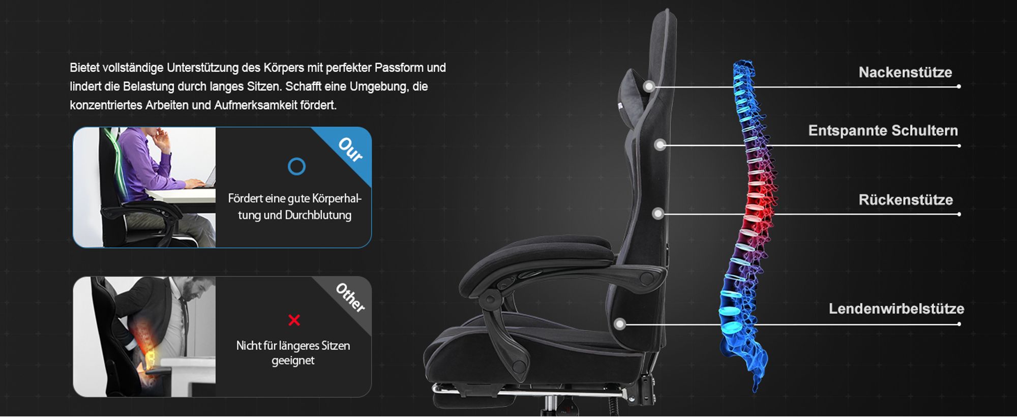 GTPLAYER Bürostuhl Gaming Stuhl Stoff Gaming Sessel Ergonomischer Gamer Stuhl mit Fußstütze, Kopfstütze Lendenkissen, Gepolstert Gaming Chair, grau