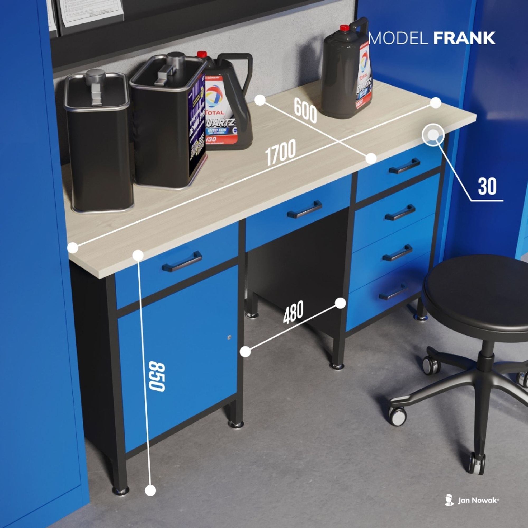 Werkbank mit Arbeitsplatte Werktisch mit 6 Schubladen Schließfach Verstellbare Füße MDF-Arbeitsplatte Belastbar bis 500 kg Metall 170 cm x 60 cm x 85 cm Farbe: Schwarz