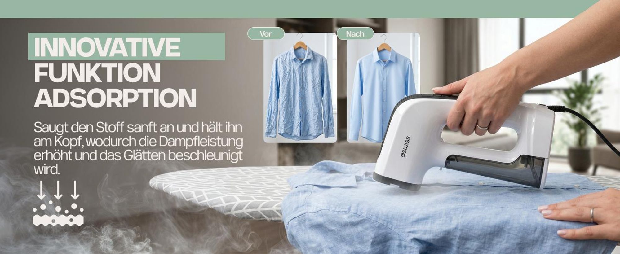 4Swiss VS026 DuoSteam Premium Dampfbürste Dampfglätter Steamer 1300 W Vakuumfunktion Reisebügeleisen Vertikal Horizontal Trockenbügeln 2in1 Anti-Kalk
