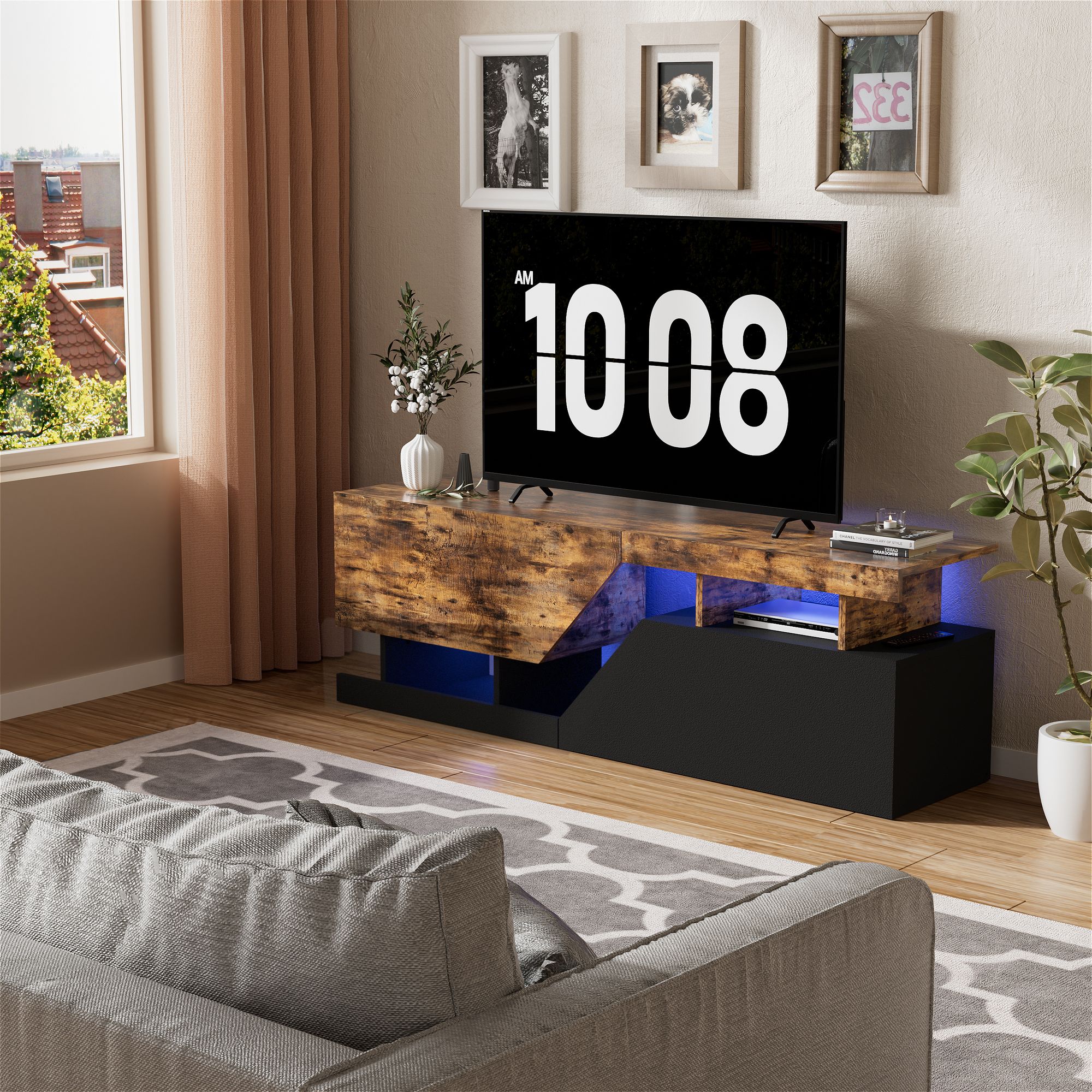 TV-Schrank 140 cm breit-modernes Lowboard mit Stauraum & RGB-Beleushtung. fur Fernseher bis 65 Z0ll, modernes TV-Lowboard furs Wohnzimmer