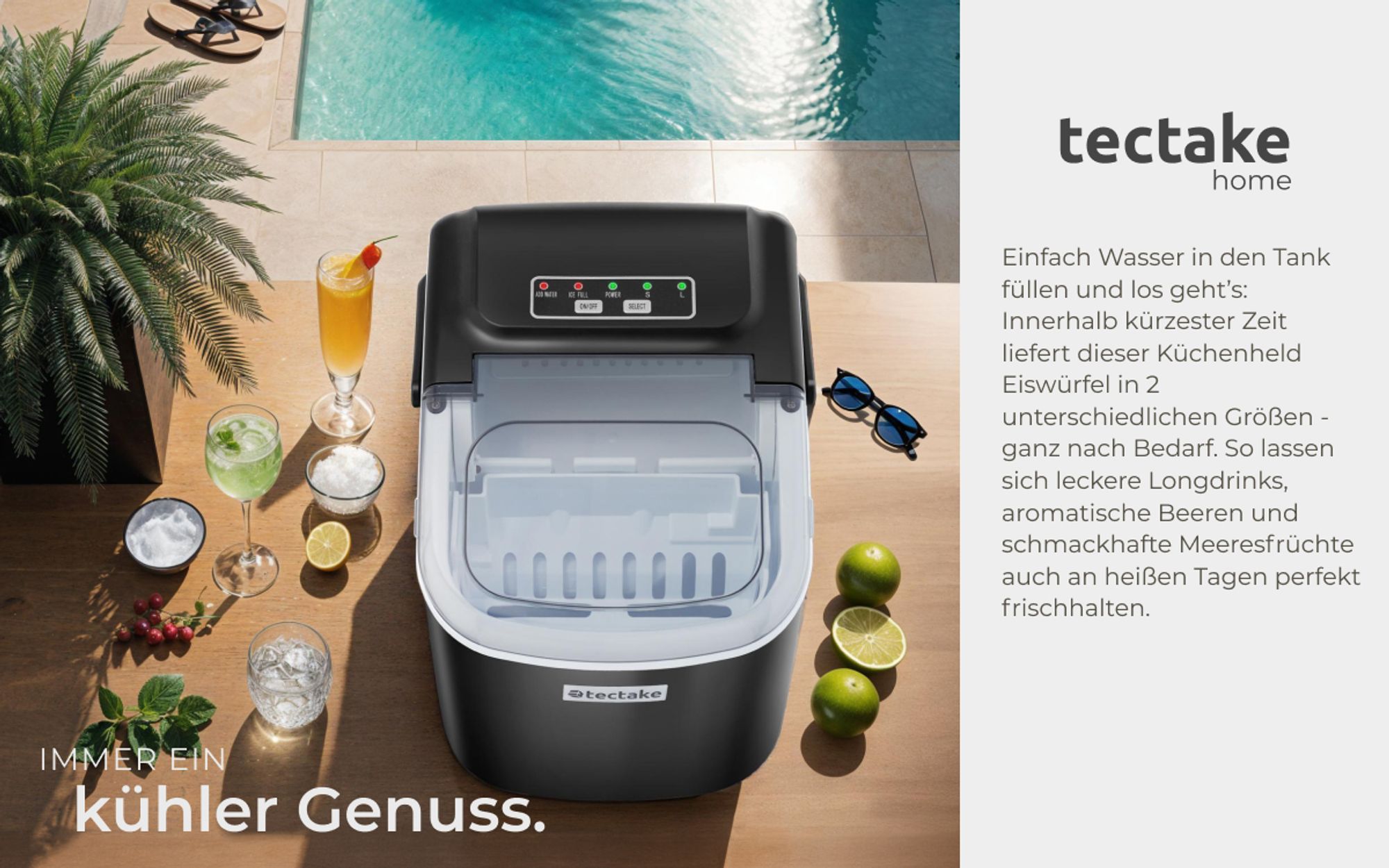 tectake® Eiswürfelmaschine Arctic 1,2 l Wassertank, 2 Eiswürfelgrößen