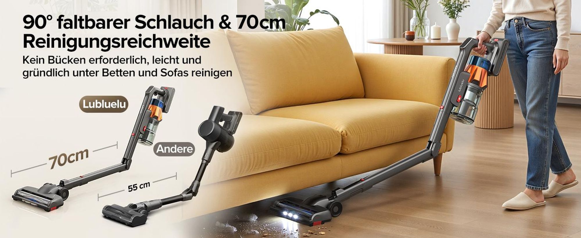 Lubluelu Akku-Staubsauger,85000PA/ 650W/70Min, Staubsauger Kabellos Mit Selbststehendes Design, Flexibles Biegegelenk, Anti-Tangle Bodenbürste,G30