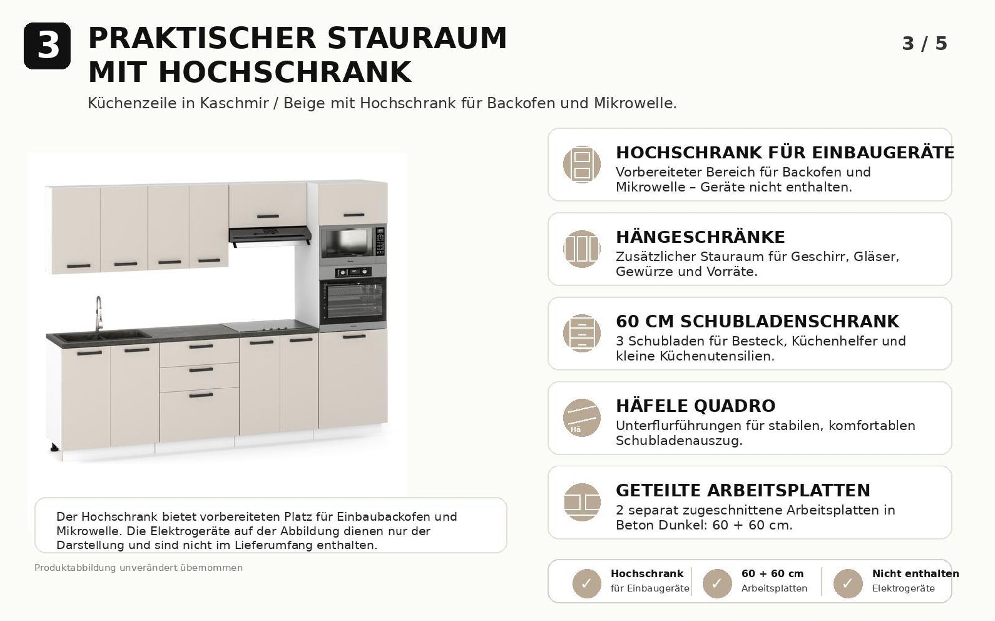 Aufteilung der Küche mit Hochschrank, Modulen und 2 Arbeitsplatten à 60 cm.