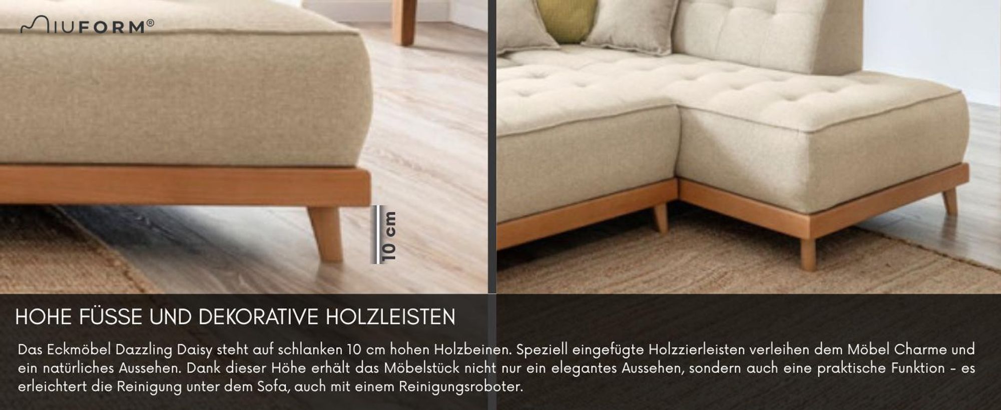 MIUFORM Dazzling Daisy - Ecksofa mit Bettfunktion und Bettkasten L-FORM LINKS - 253x190cm - Türkis - Sofa Schlafsofa Couch