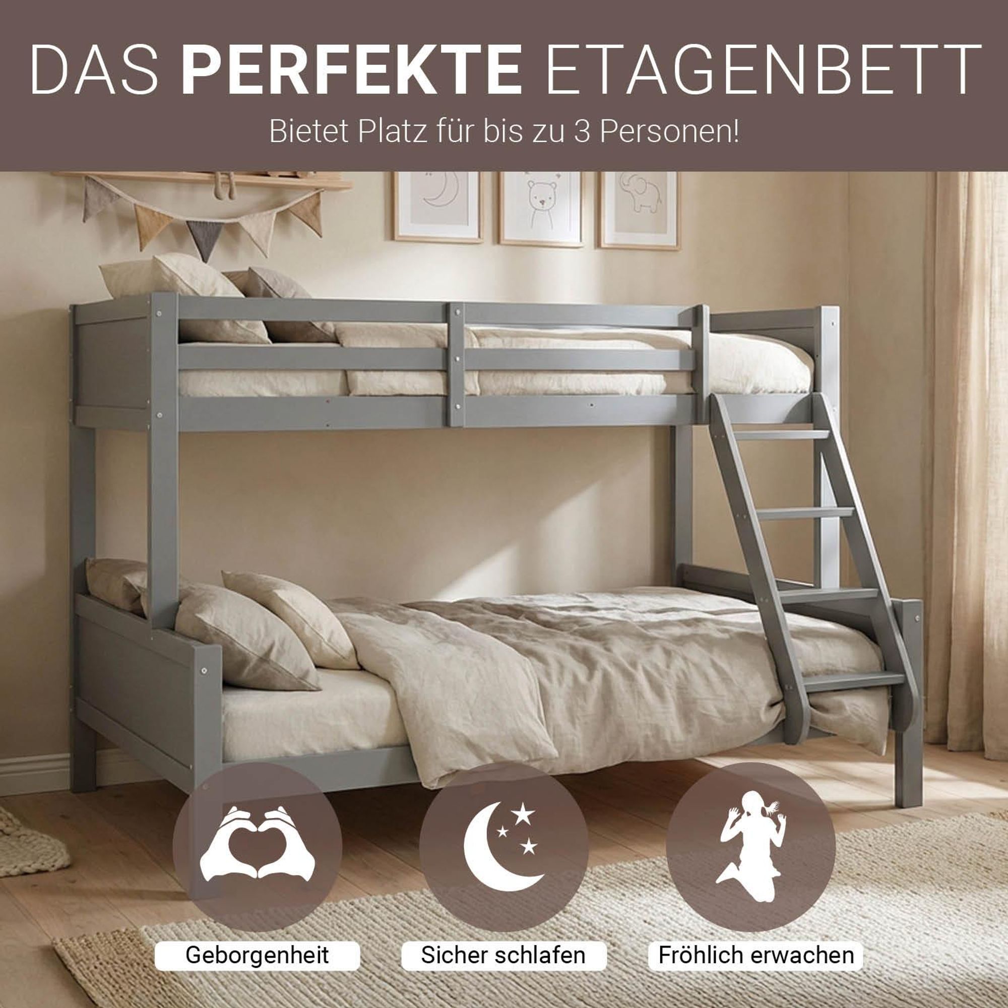 Perfektes grauen Etagenbett für bis zu 3 Personen.
