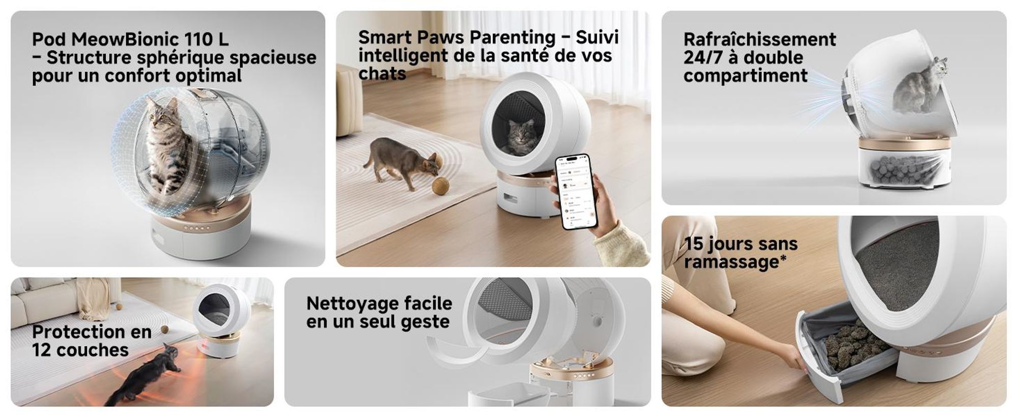 MOVA LR10 Prime Bac à litière automatique blanc, 110 L d’espace intérieur, jusqu’à 15 jours de nettoyage autonome, double système anti-odeurs, 12 disp