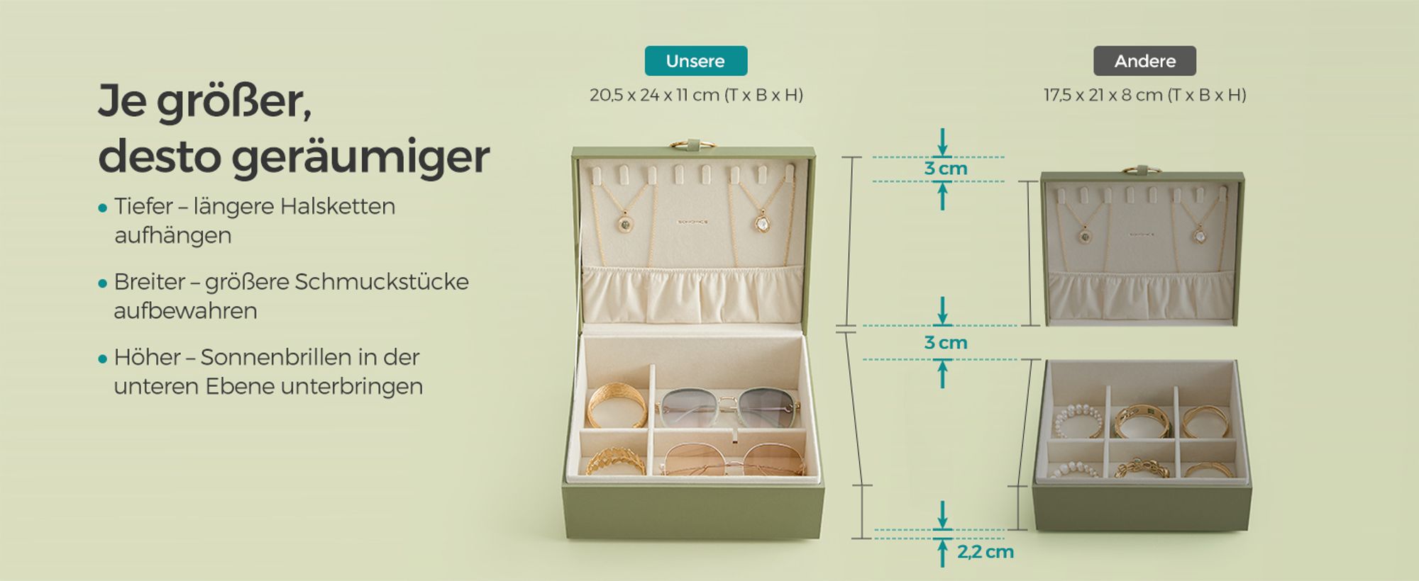 SONGMICS Schmuckkästchen 2 Ebenen, Schmuckkasten mit Griff, flexibles Schmucktablett, Schmuckbox, Schmuckaufbewahrung, schwebender Effekt