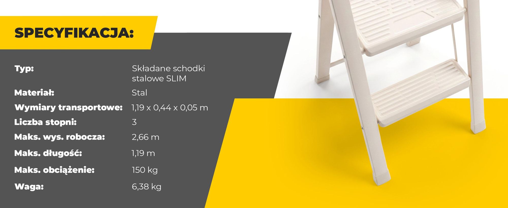 Drabest | Schodki pomocnicze "Slim" - 3 stopnie - Składane - Maks. obciążenie: 150 kg - Kolor: kremowy