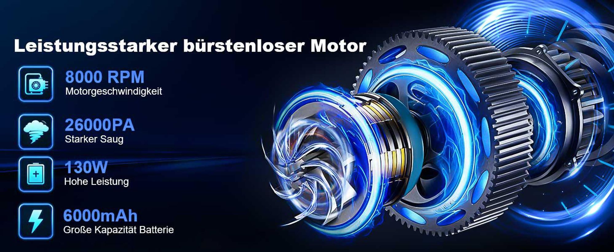 Handstaubsauger Akku 4-in-1, 18000Pa, 130W kabelloser Autostaubsauger, 6000mAh, Staubsauger mit Bürstenloser Motor, für Tierhaare, Auto, PC,Sofa, Haus