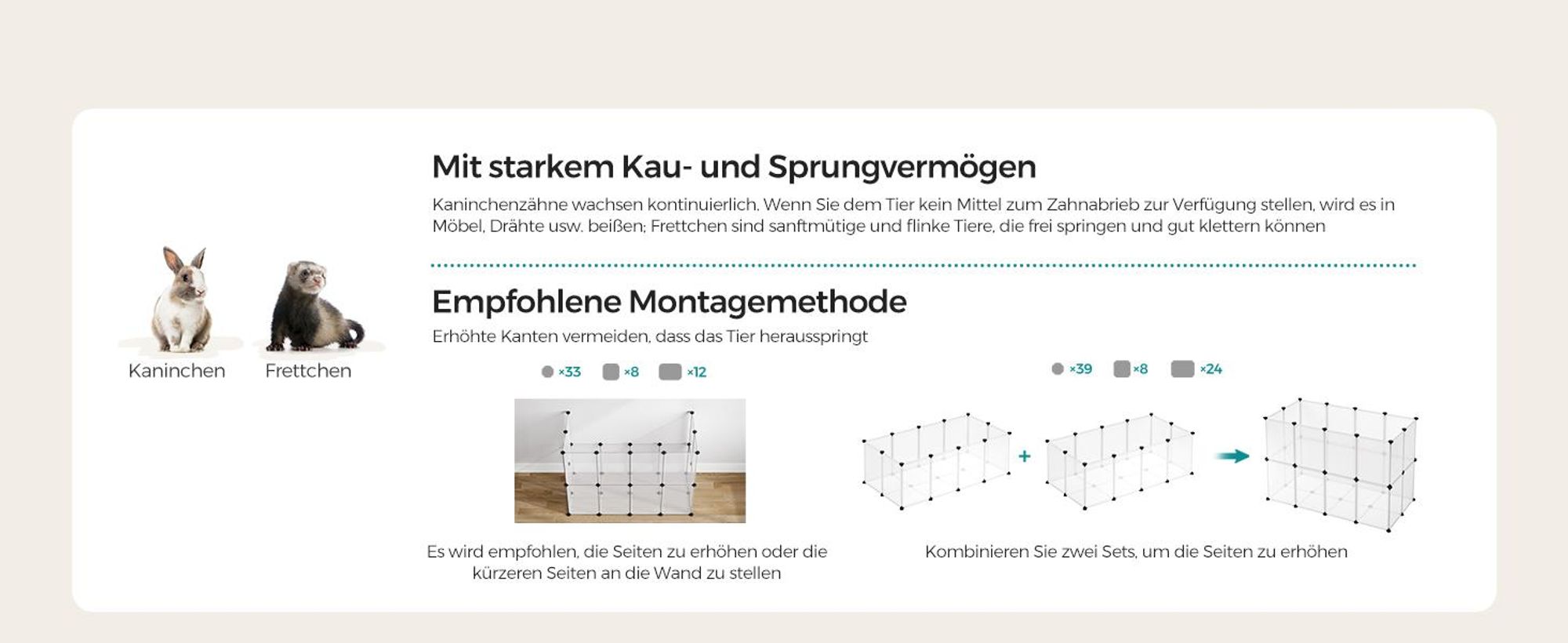 SONGMICS Kleintierkäfig, Freigehege mit Bodenplatten, 125 x 63 x 42 cm, weiß