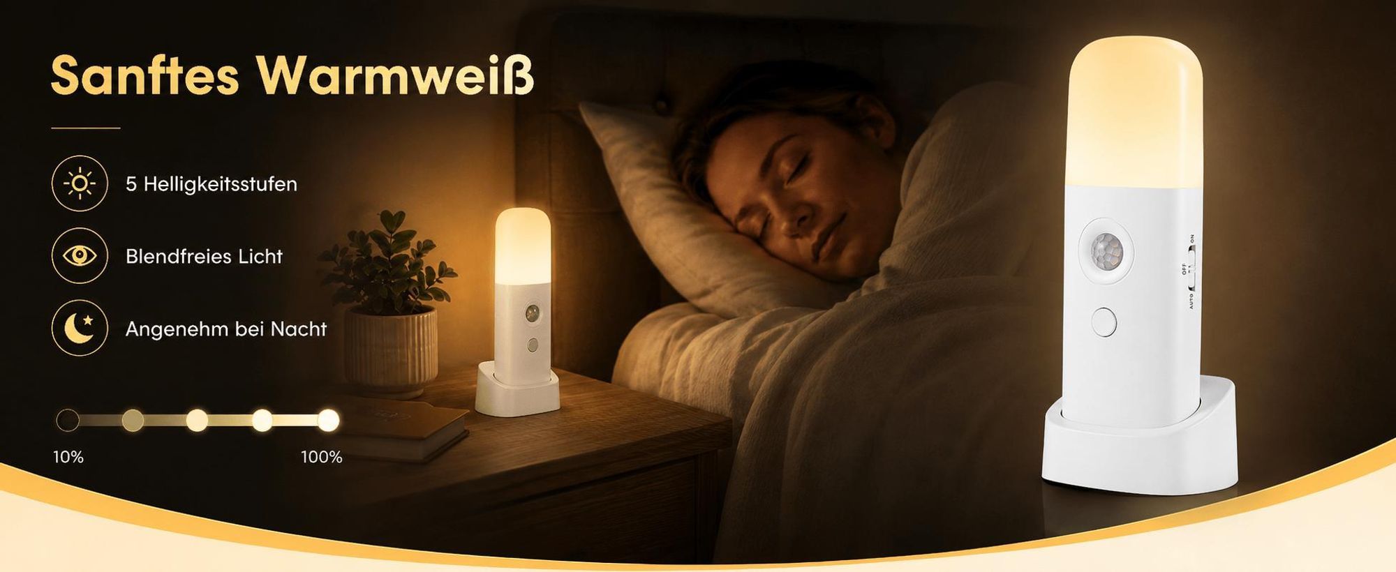 2 Stück LED Nachtlicht mit Bewegungsmelder, 6M Sensorlicht, 5 Helligkeitsstufen & 3 Modi (inkl. SOS) – Bis zu 6 Monate Akkulaufzeit, USB-C Aufladung