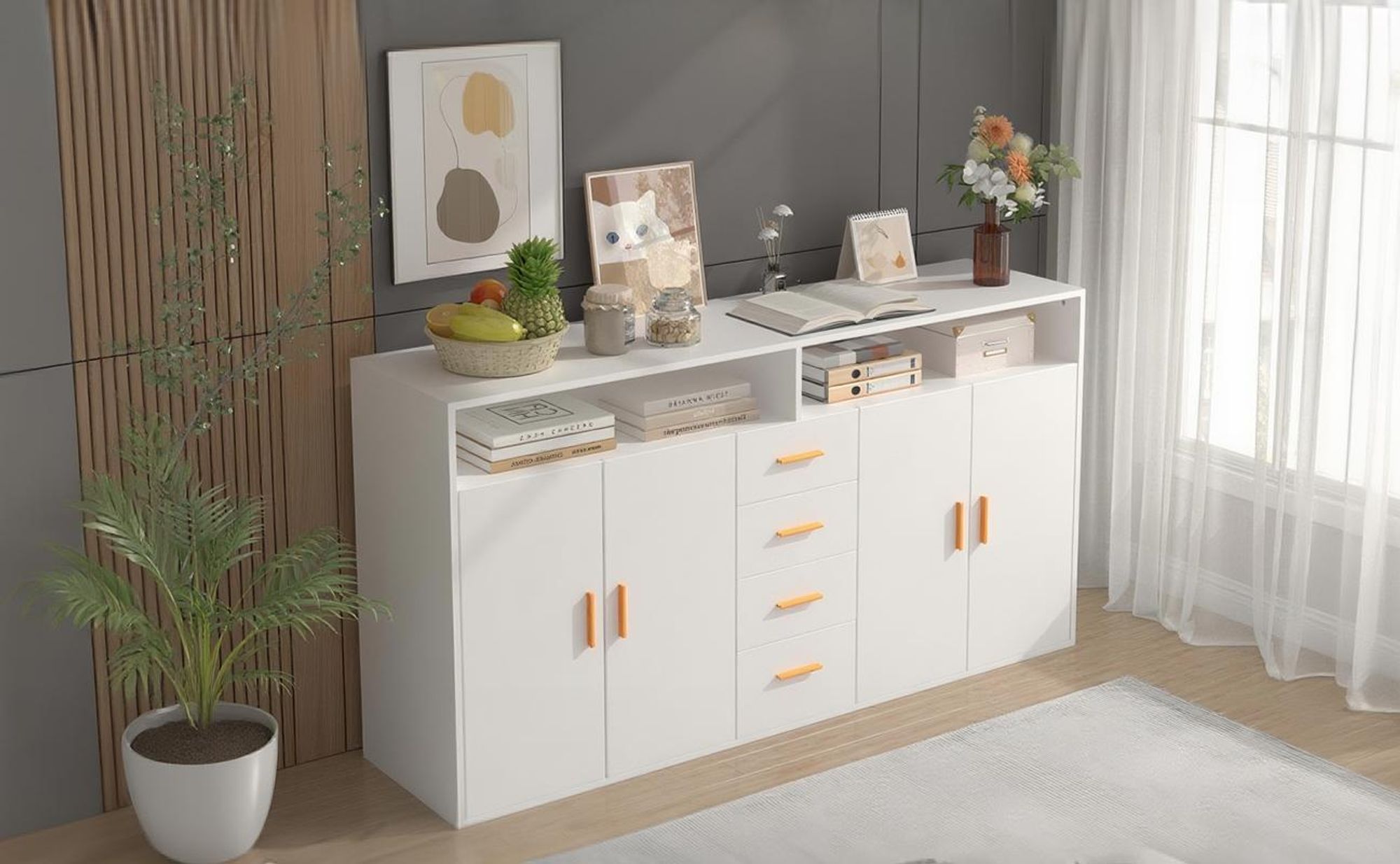 HOMAVO BG1-L Sideboard – Modernes Design für Wohnzimmer, Flur oder Esszimmer, 4 Schubladen, 2 Türen, 2 offene Fächer, pflegeleichte Melaminoberfläche