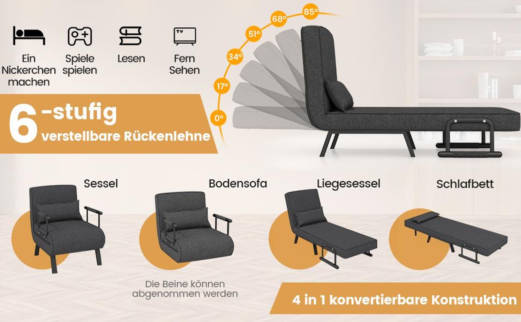 COSTWAY Schlafsessel mit Bettfunktion, Schlafsofa mit 5 stufig Rückenlehne & Kissen, bis 180 kg belastbar, klappbares Sofabett für Zuhause, Büro, Blau