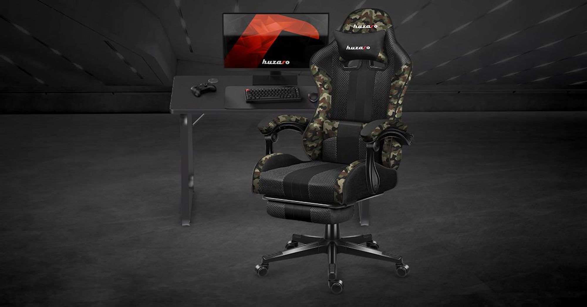 Huzaro Force 4.7 | Gaming Stuhl Bürostuhl Computerstuhl PC Chair | 90-140° Neigungswinkel Kopfstütze Lendenkissen Fußstütze Stoff | Camouflage Schwarz