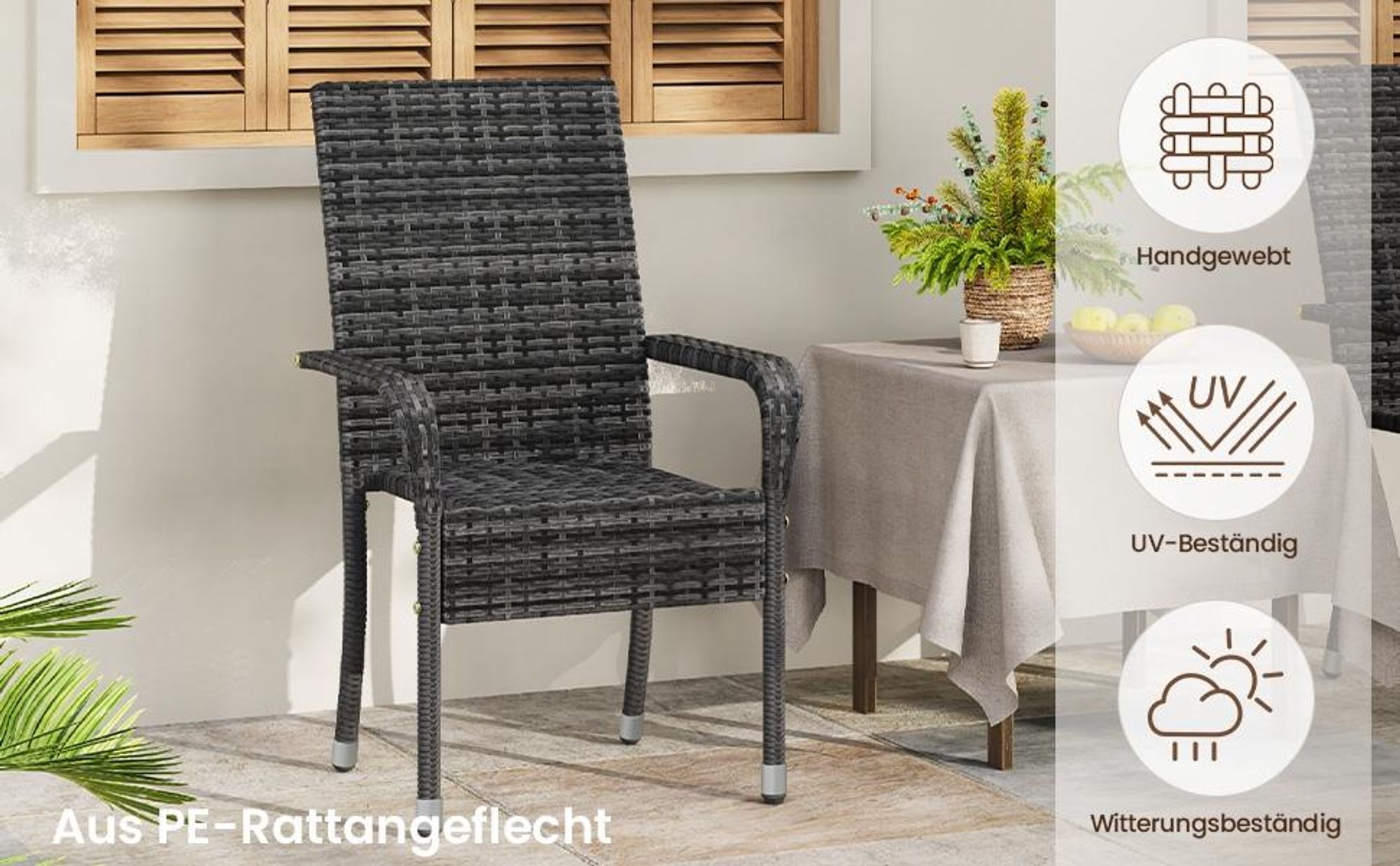 Yaheetech 2er Set Gartenstuhl aus Polyrattan, stapelbare Rattan-Stühle, mit Armlehnen & Rückenlehne, verstellbare Schutzfüße, Grau