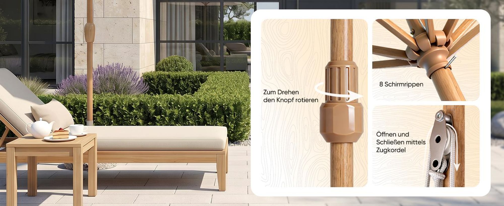 Sekey Sonnenschirm Ø300cm Holzoptik Gartenschirm Marktschirm für Garten Terrasse Hof, UPF50+
