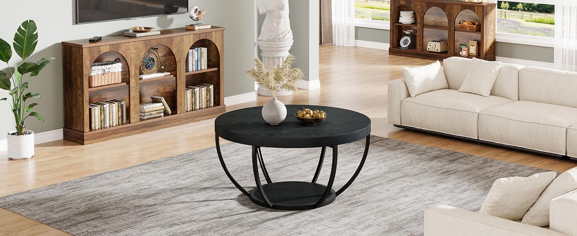 Couchtisch, 80 cm Beistelltisch, zweistöckiger Wohnzimmertisch, runder Cocktailtisch, Sofatisch mit Ablagefächern, für Zuhause, Wohnung, Büro