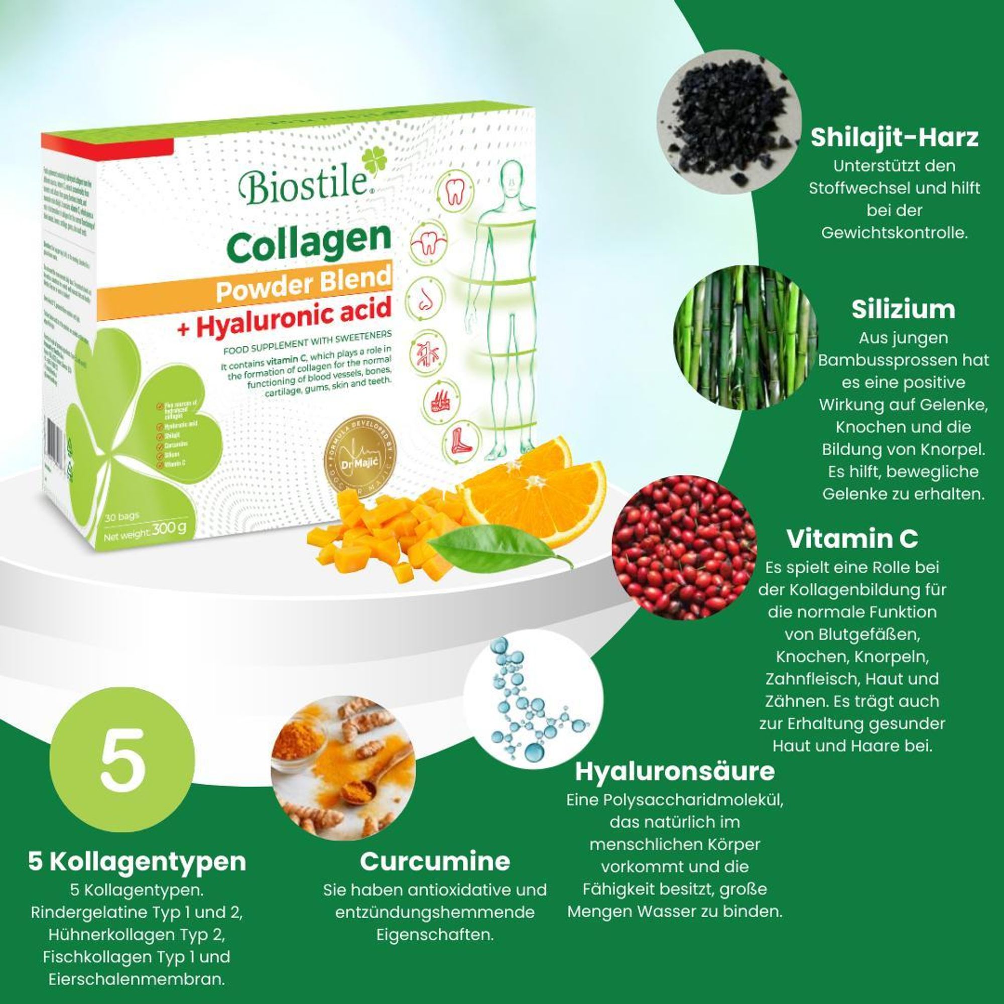 Biostile Collagen Powder Blend mit Hyaluronsäure – Kollagenpulver, 30 Beutel mit 8600 mg hydrolysiertem Kollagen, Vitamin C, Curcumin & Shilajit
