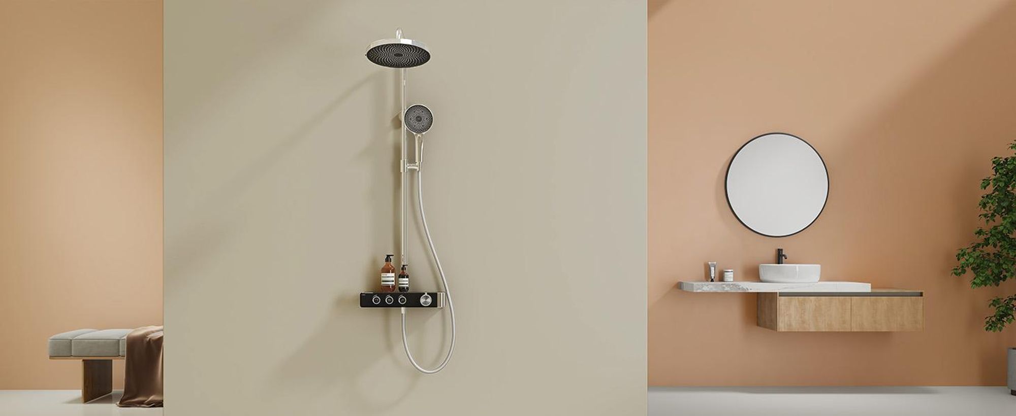 EMKE Duschsystem mit Thermostat Chrom Einstellbarer Wasserfluss 260mm Rund Regendusche, Vorlauf & Badewannenauslauf F28