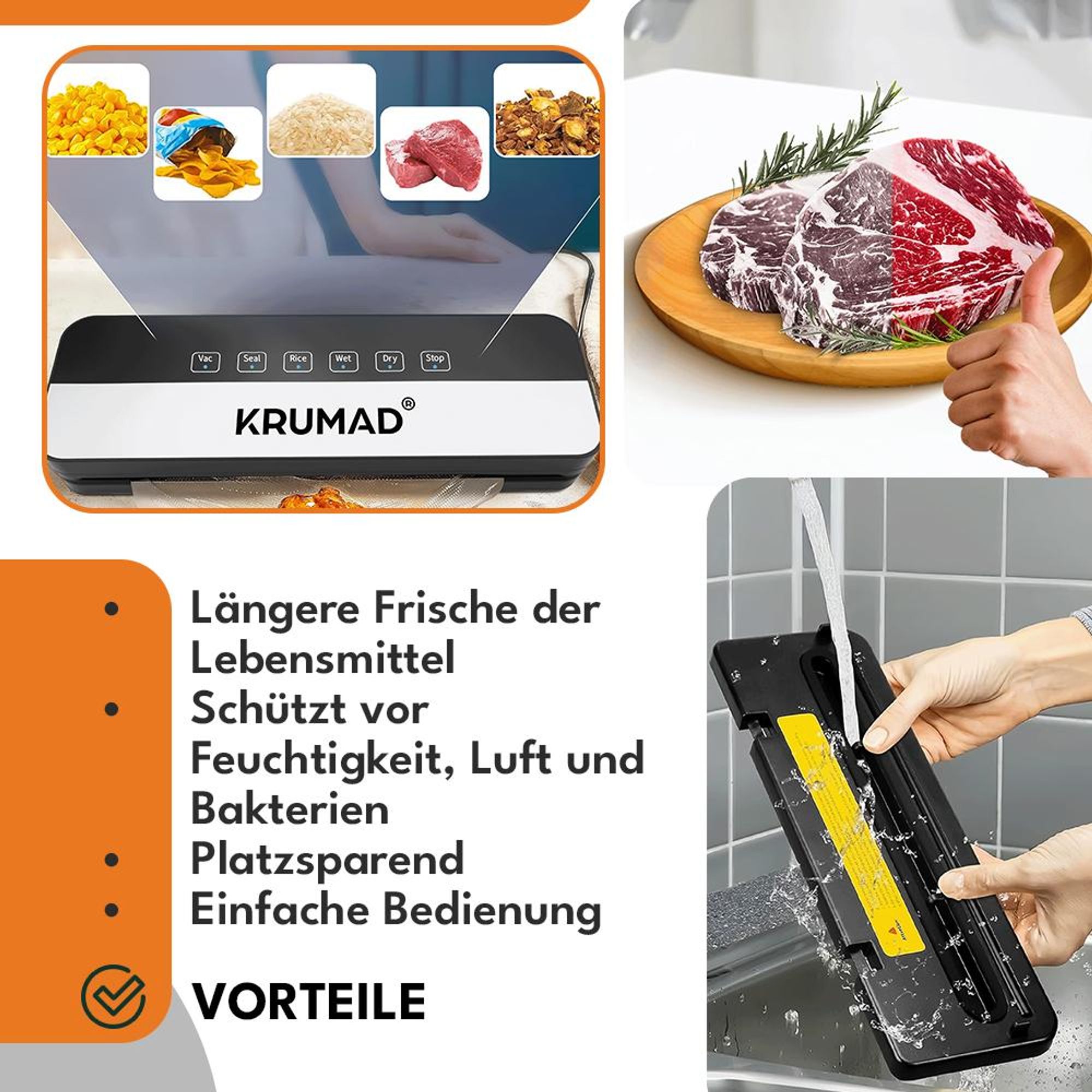 KRUMAD Vakuumiergerät 130W - Automatischer Vakuumierer mit 65 kPa, 30 cm Schweißnaht & 5 Modi - Für Lebensmittel, Fleisch, Gemüse & Sous-Vide