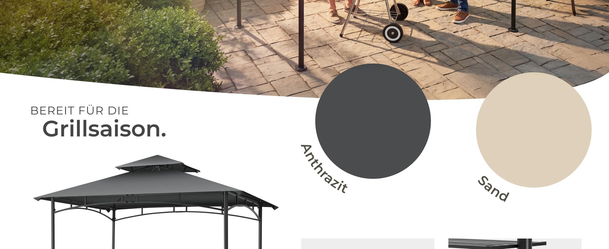 tectake® Grillpavillon wetterfest UV-Schutz Stahl anthrazit 240x150x250cm 2 Ablagen