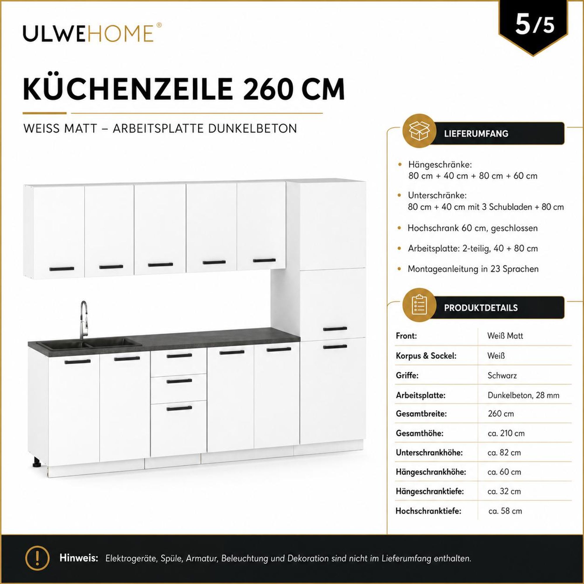 Lieferumfang und Produktdetails der ULWEHOME Küchenzeile 260 cm Weiss