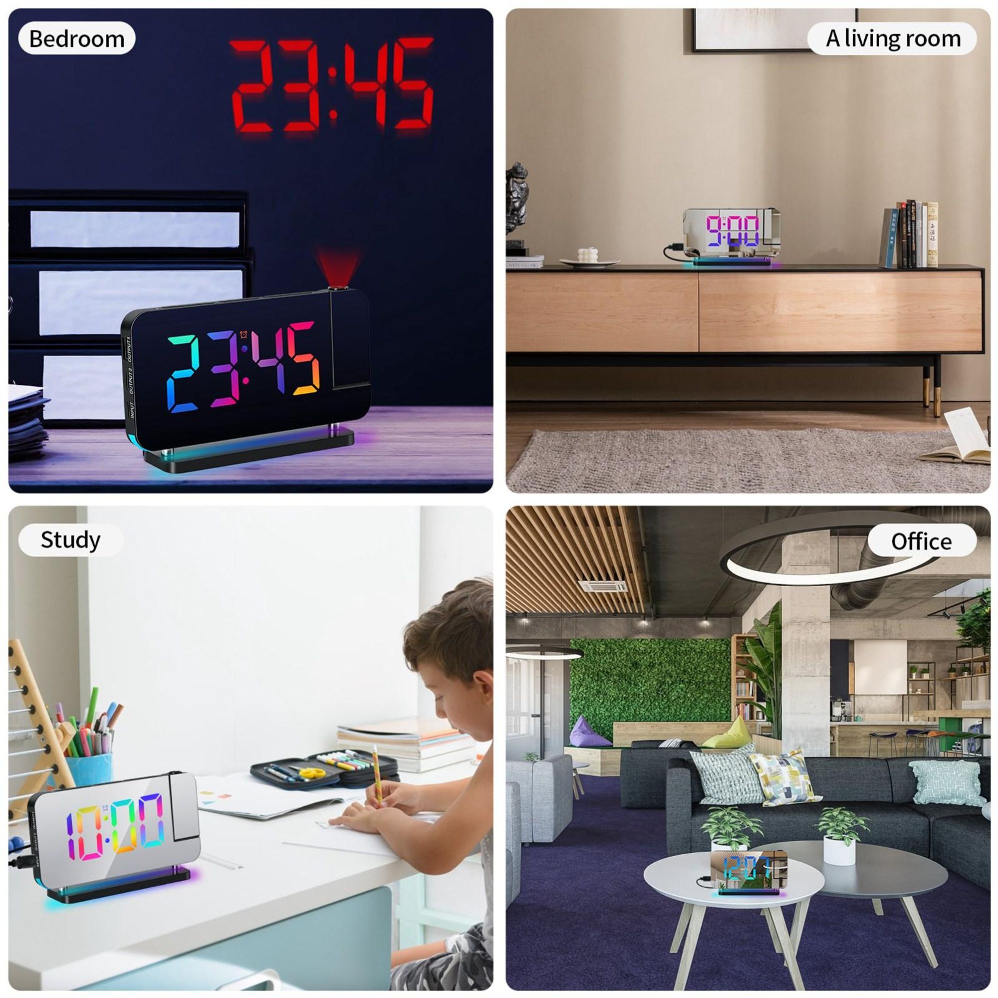 Projektionswecker fuer Schlafzimmer, 7-Zoll-RGB-bunte LED-Digitaluhr mit Spiegeloberflaeche, 6-stufiger Helligkeitsdimmer, USB-Ladegeraet, Schlummerfunktion, 12/24 Stunden, 11 Farben, 180-Grad-Projektor an der Decke