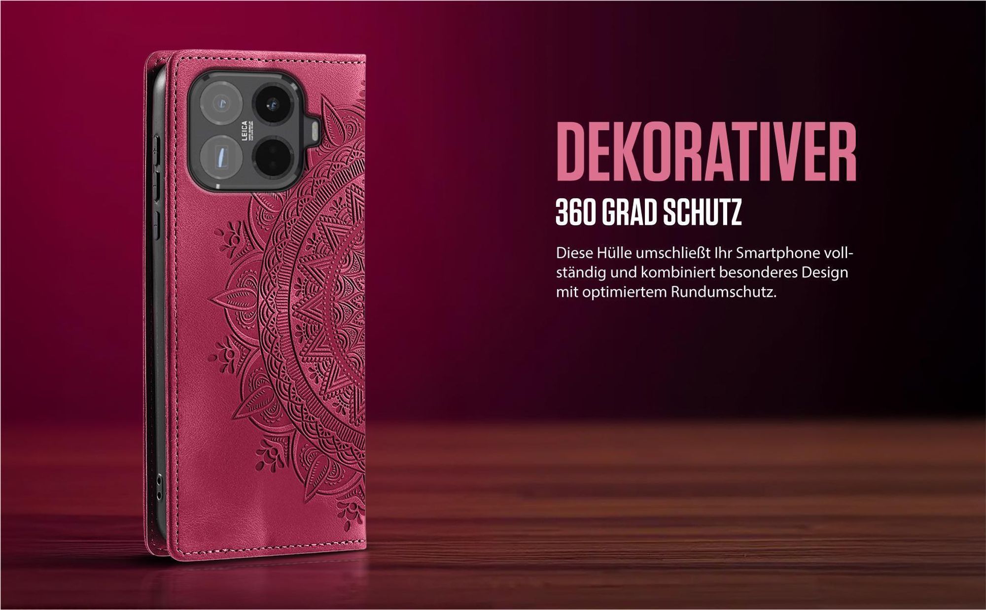 Mandala Flipcase in Magenta für Xiaomi 15T Pro mit 360 Grad Schutz