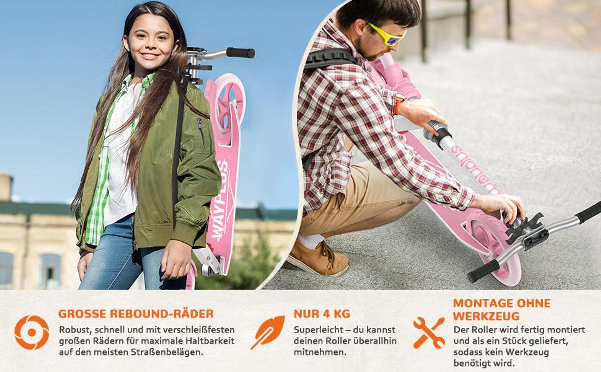 WAYPLUS Klapproller ab 6 J. bis 109 kg, 20 cm ABEC-9 Räder, 4-fach höhenverstellbarer T-Lenker, stabiler Freizeitroller für Kinder & Jugendliche