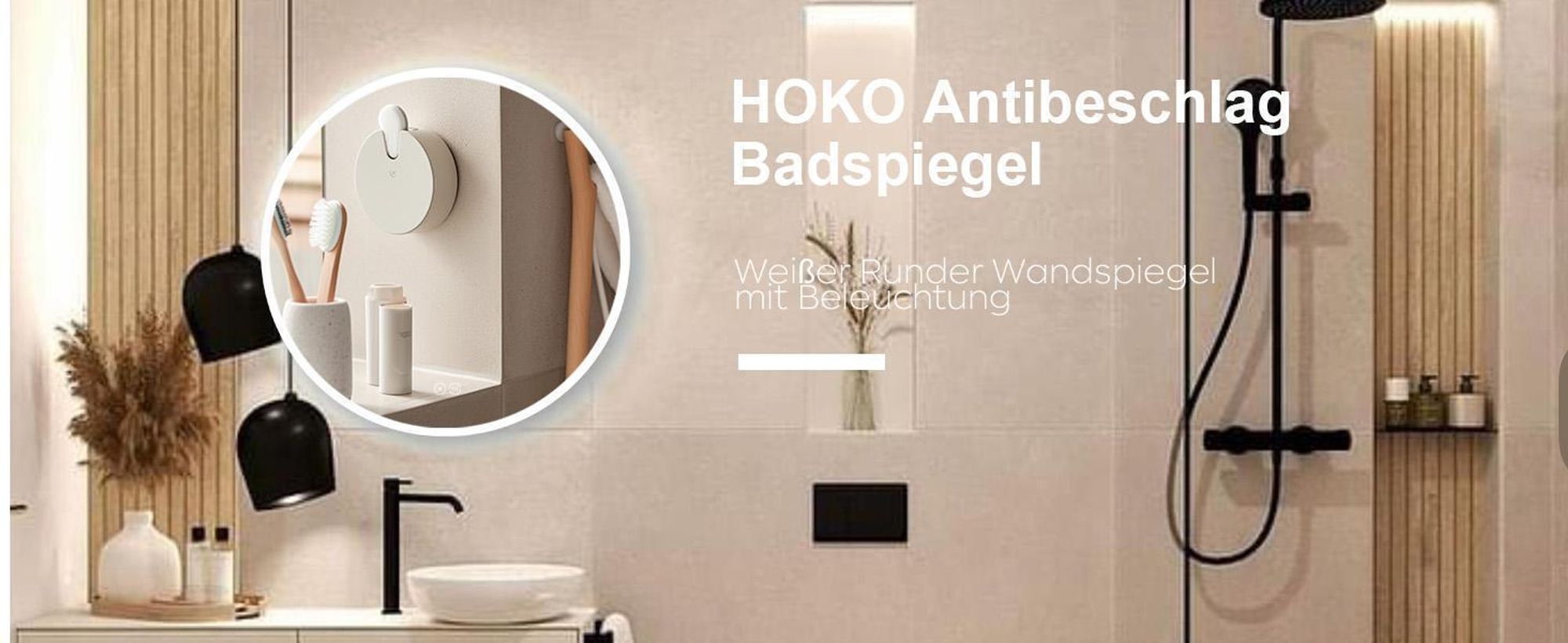 HOKO Badspiegel LED Antibeschlag Rund 60cm+LED Wechsel Warmweiß-Kaltweiß-Neutral 2700-6500K. Licht mit Touch Schalter/Wandschalter einschaltbar). Ulm