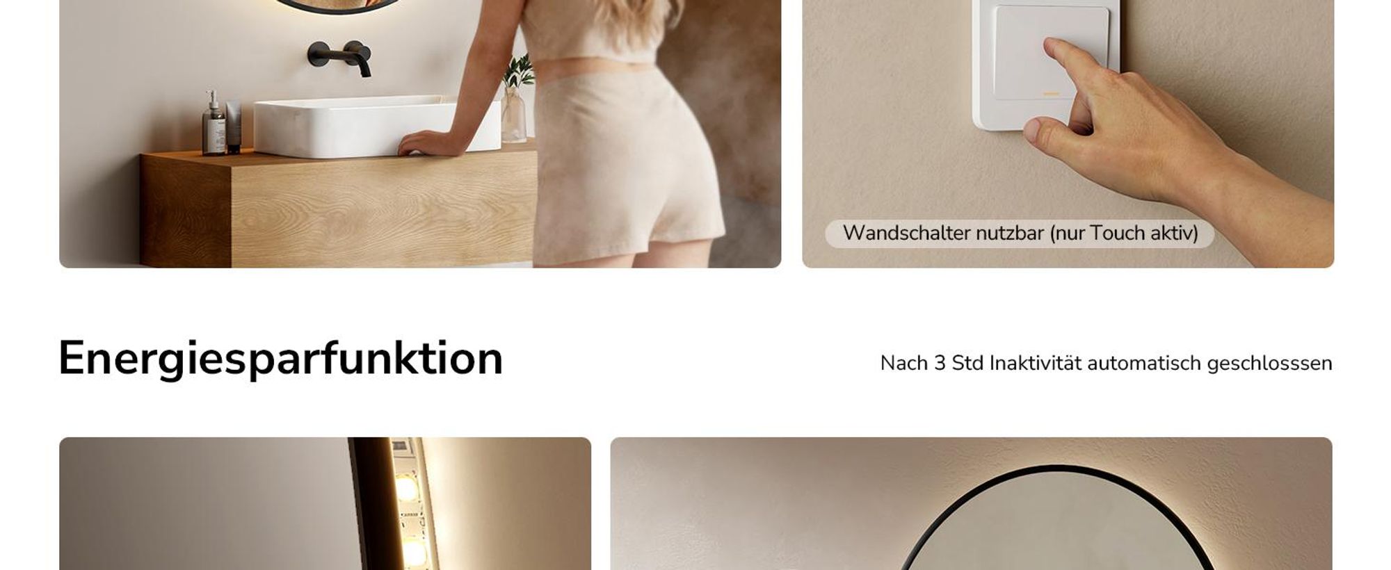 EMKE Badspiegel Rund LED Spiegel mit Beleuchtun ф80cm Schwarzer Rund Badezimmerspiegel mit Beschlagfrei, Uhr, Temperatur, Dimmbar, Memory-Funktion - Neutrale Lichts 4300K