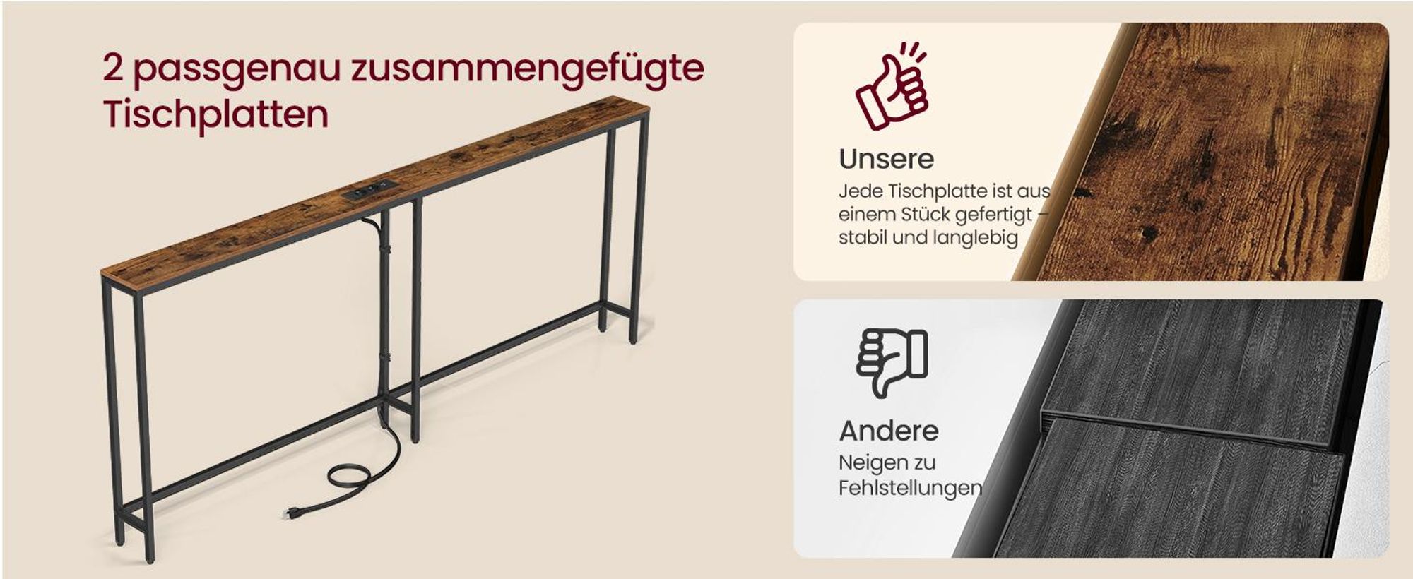 VASAGLE Sofatisch, Konsolentisch, Flurtisch, schmal, 15 x 200 x 80 cm, mit Ladestation, für Flur, Wohnzimmer, braun-schwarz