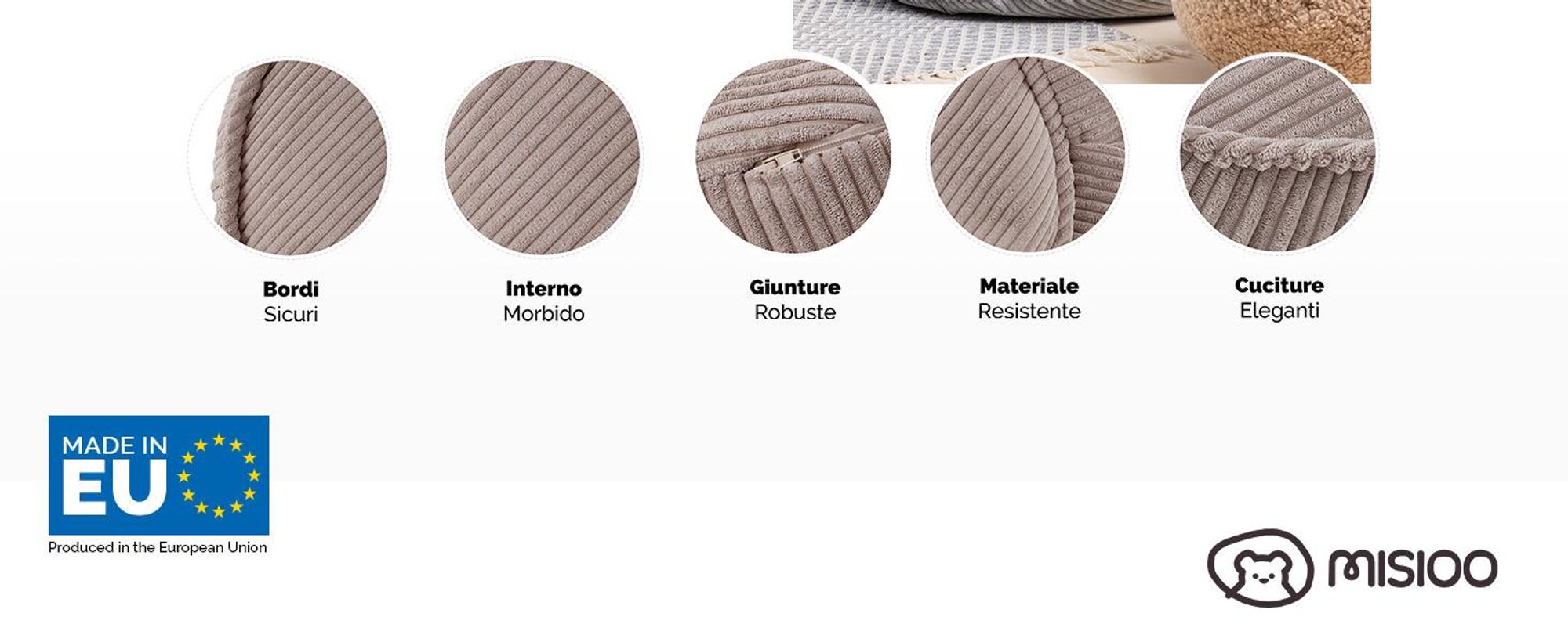 MISIOO Beanbag Kids - Big Bag Bean Bag - Lavabile - - Struttura robusta e morbida - Materiale a coste - 68x45 cm - Beige