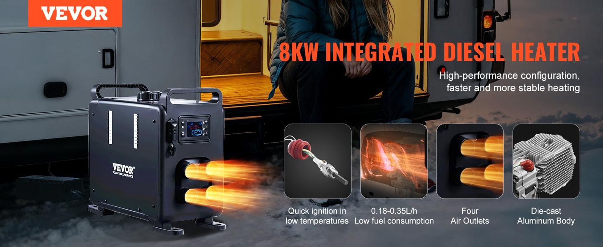 VEVOR 5-8KW Dieselheizung, 12V/24V All-in-One Diesel-Luftheizung, Bluetooth APP-Steuerung, Fernbedienung und Display, CO-Alarm, schnelle Heizleistung, tragbare Dieselheizung für Fahrzeuge, Garage, Vertikaler Typ, Ja-a