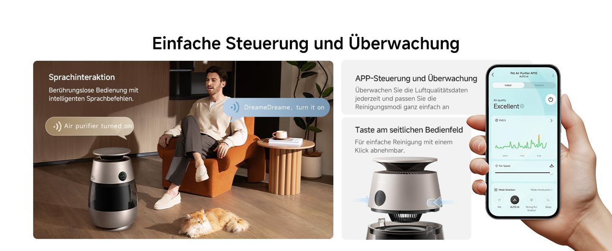 Dreame AP10 Luftreiniger für Haustiere mit 360°Luftumwälzsystem, fünfstufiger Reinigung,transparentem Behälter,gewölbter Oberseite, LED,App-Steuerung