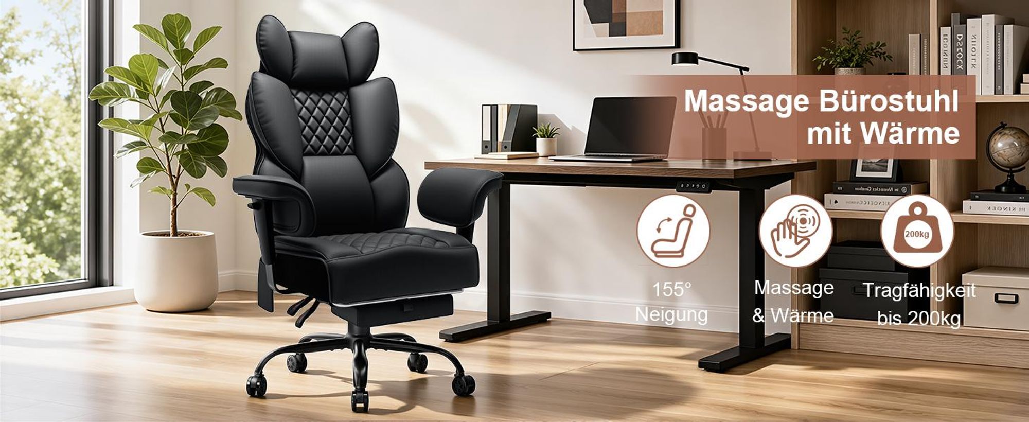 HOFFREE Bürostuhl Ergonomisch mit 7-Punkt-Vibrationsmassage & Lendenheizung, 155° neigbar, Heizfunktion, hoher Rücken, belastbar bis 200 kg, Schwarz