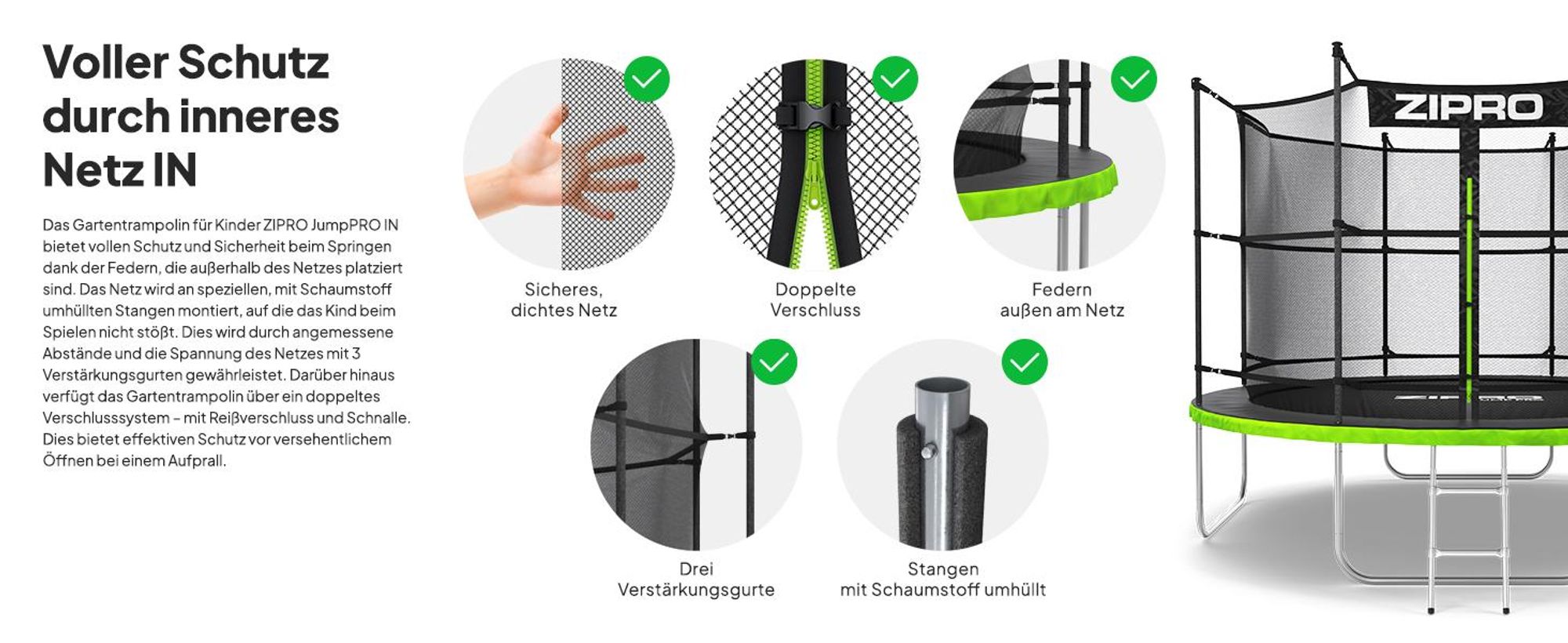 ZIPRO Trampolin Jump Pro IN | 10FT Ø 312 cm | Gartentrampolin Kindertrampolin Komplett-Set inkl. Innennetz, Leiter & Randabdeckung, Outdoor, Grün
