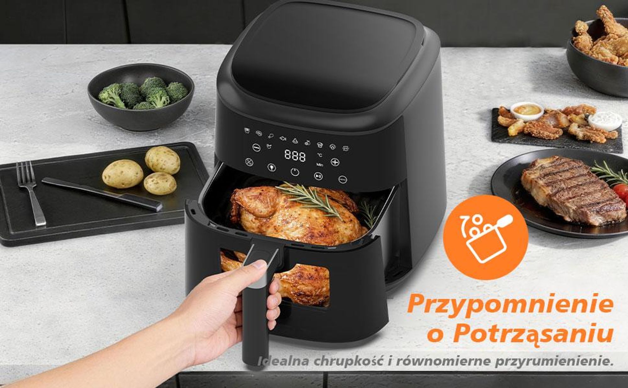 Frytkownica z gorącym powietrzem, beztłuszczowa, metalowe wnętrze, 6L, podświetlane okienko, 9 programów gotowania, zmywalna w zmywarce, 1650W