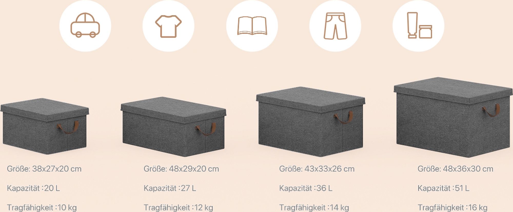 WOLTU 6er Set Aufbewahrungsboxen mit Deckel, mit Griffen, faltbar, Grau, 51L(48x36x30 cm)