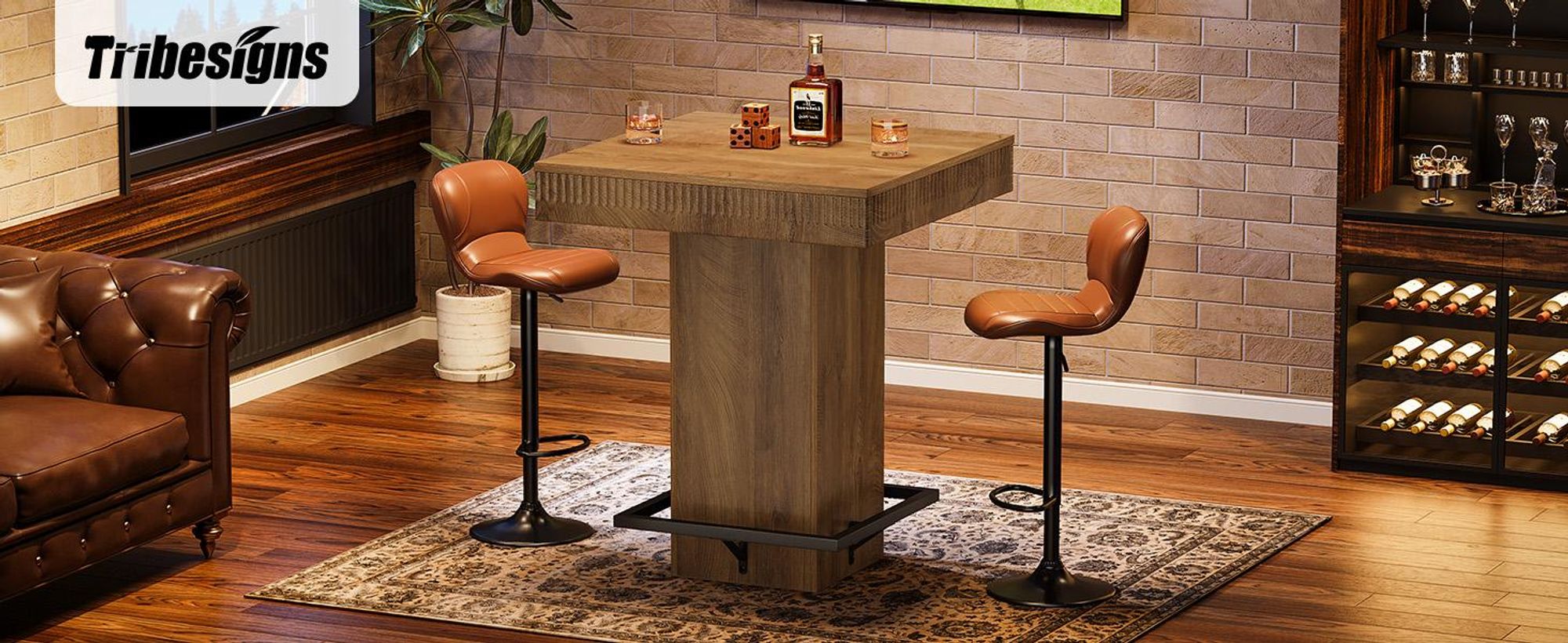 Tavolo da bar Tribesigns, altezza 95 cm, tavolo da bistrot quadrato in legno con poggiapiedi in metallo, tavolo alto industriale per piccoli bar, angoli caffè, marrone