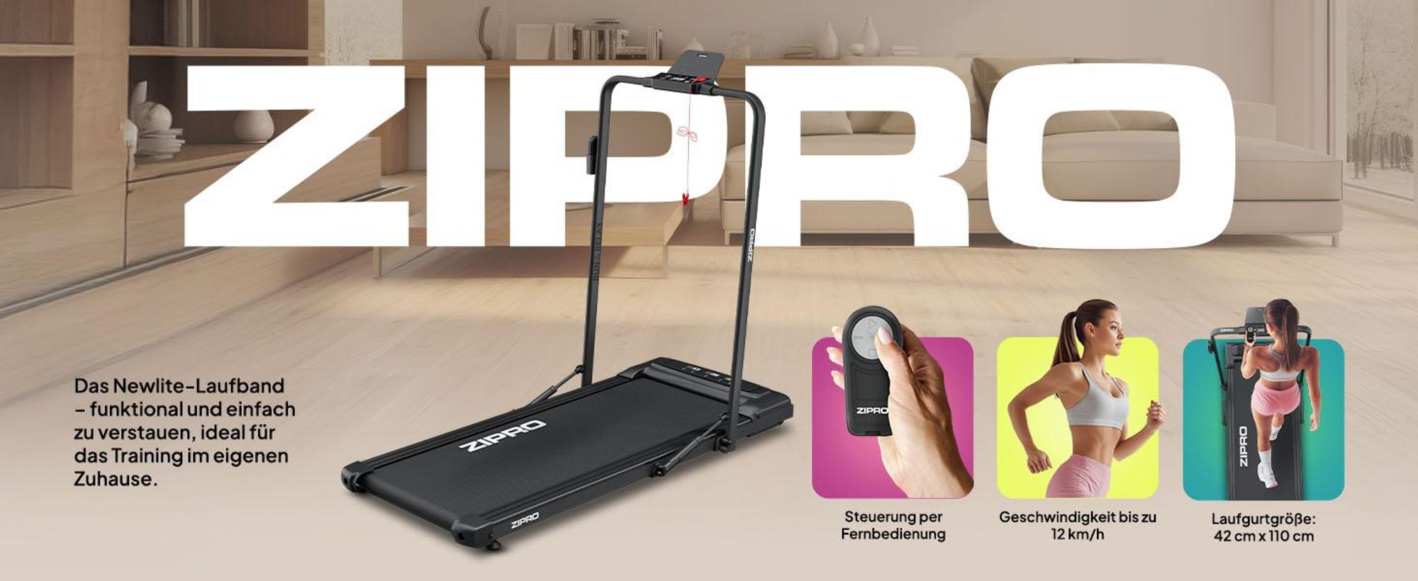 ZIPRO Newlite Laufband Klappbar - Walking Pad Untertisch Schreibtisch Laufband für Zuhause bis 10 km/h Fitnessgerät Bluetooth Fernbedienung