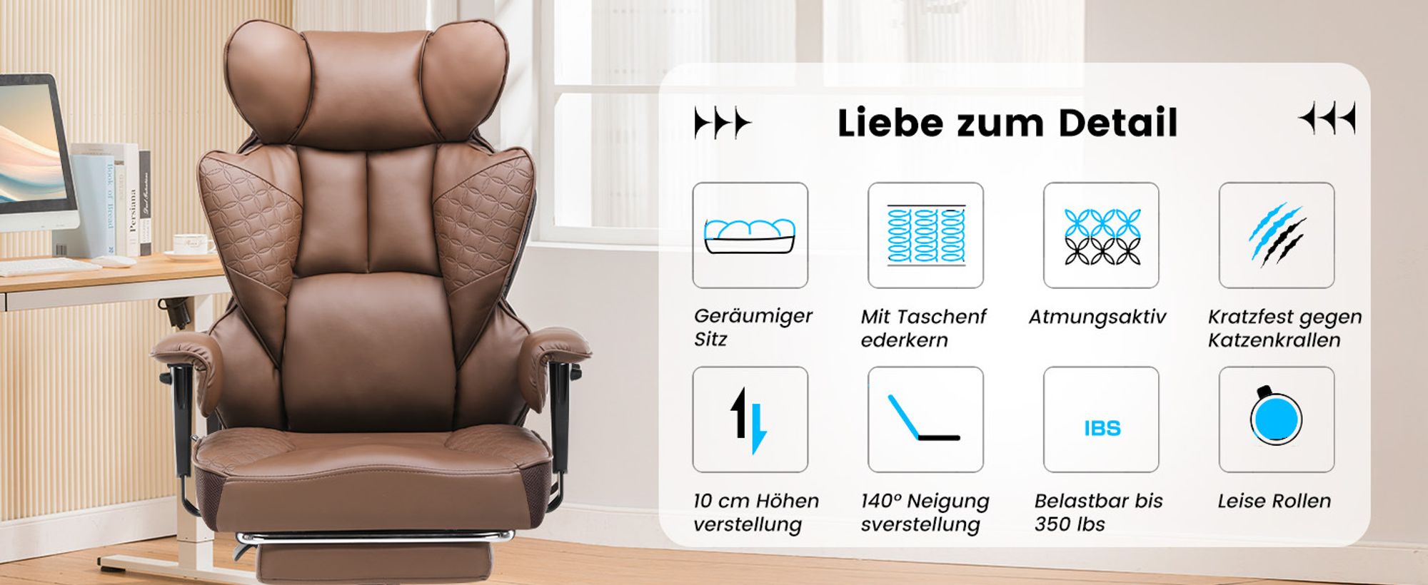 COMHOMA Gaming Stuhl, ergonomischer Bürostuhl, Schreibtischstuhl mit verstellbare Armlehnen, Taschenfederkern-Lendenwirbelstütze  150 kg, braun