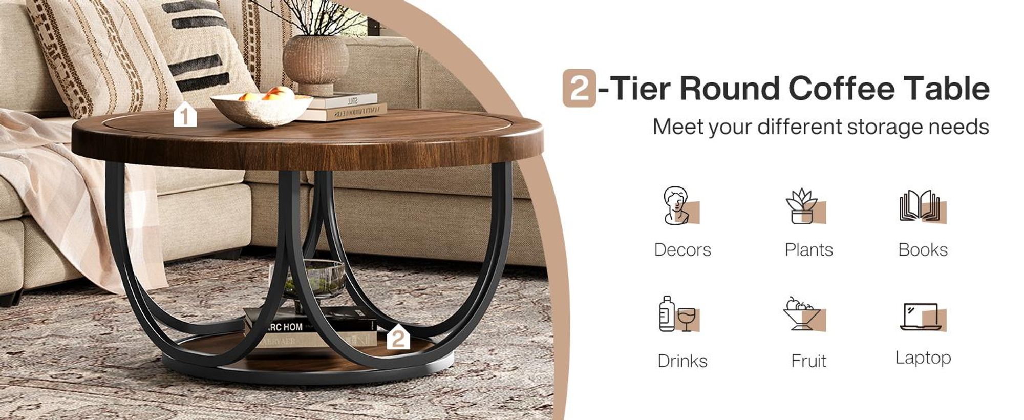 Couchtisch, 80 cm runder Sofatisch mit 2 Ebenen, Wohnzimmertisch, Beistelltisch, Industrieller Mitteltisch für das Wohnzimmer, Rundes Akzentmöbel