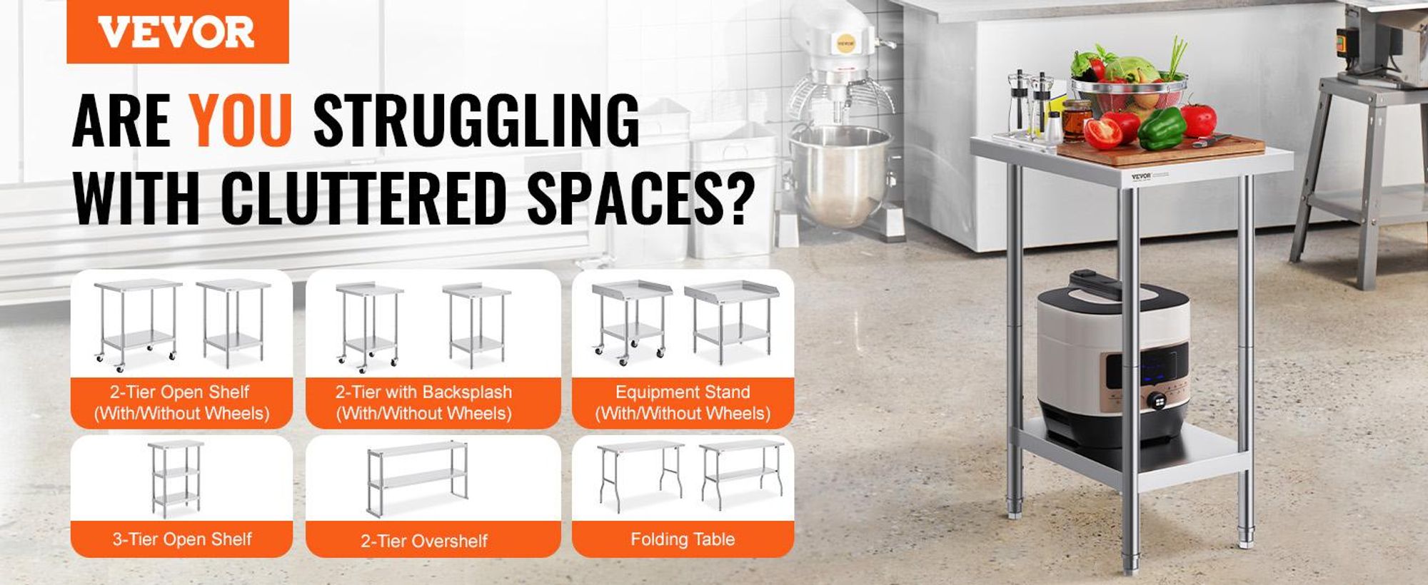 VEVOR Edelstahl Vorbereitungs Tisch, 24 x 24 x 34 Zoll, Schwerlast Metall Arbeitstisch mit 3 verstellbaren Höhenstufen, Gewerbliche Arbeitsstation für Küche Garage Restaurant Garten, 610x457x864 mm