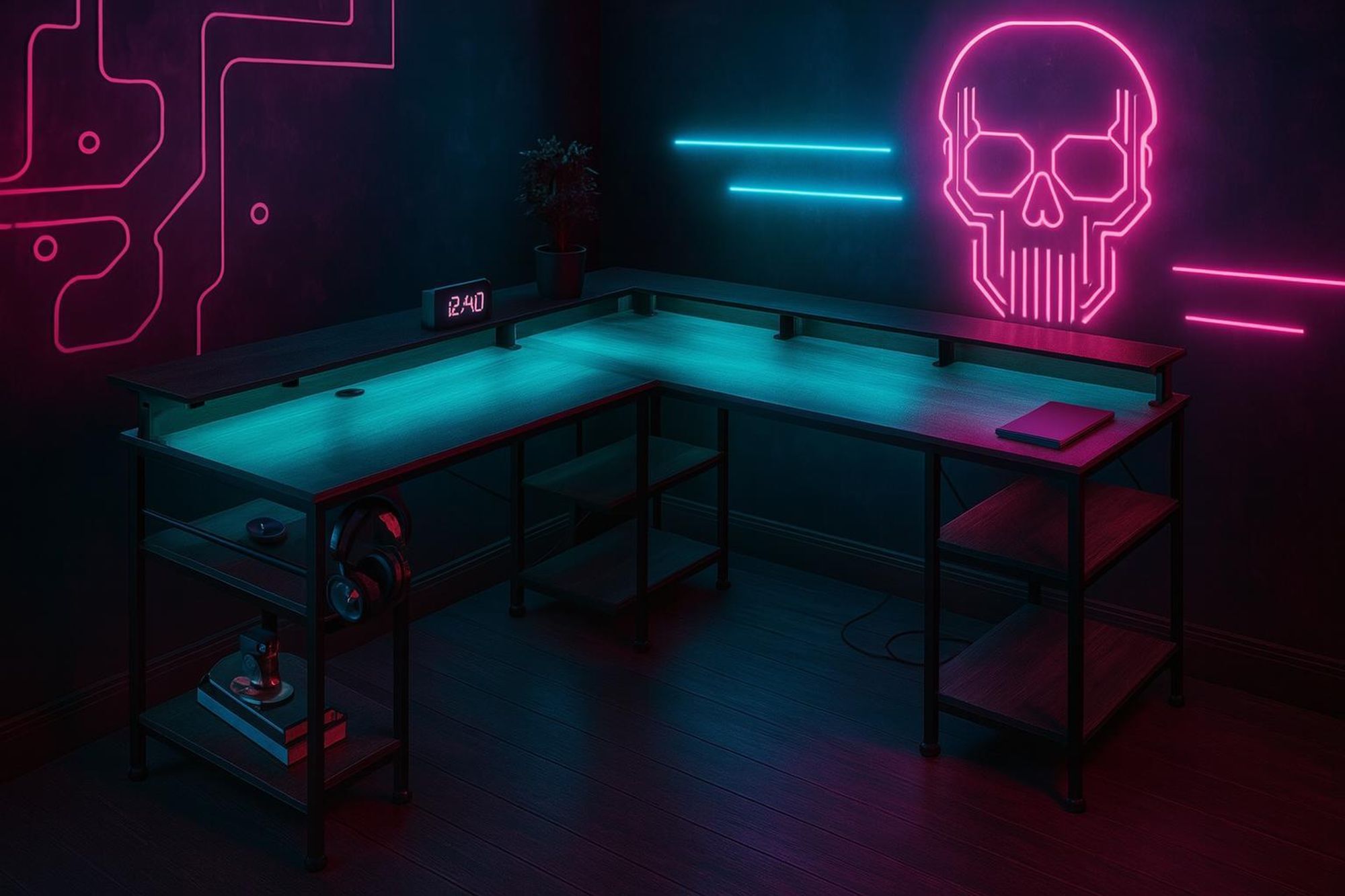 ZELURXX Gaming-Tisch L-förmiger mit RGB LED Beleuchtung, mit Tasche, Dual-Monitor-Ständer, Headset-Halterung & Steckdosen, Grau