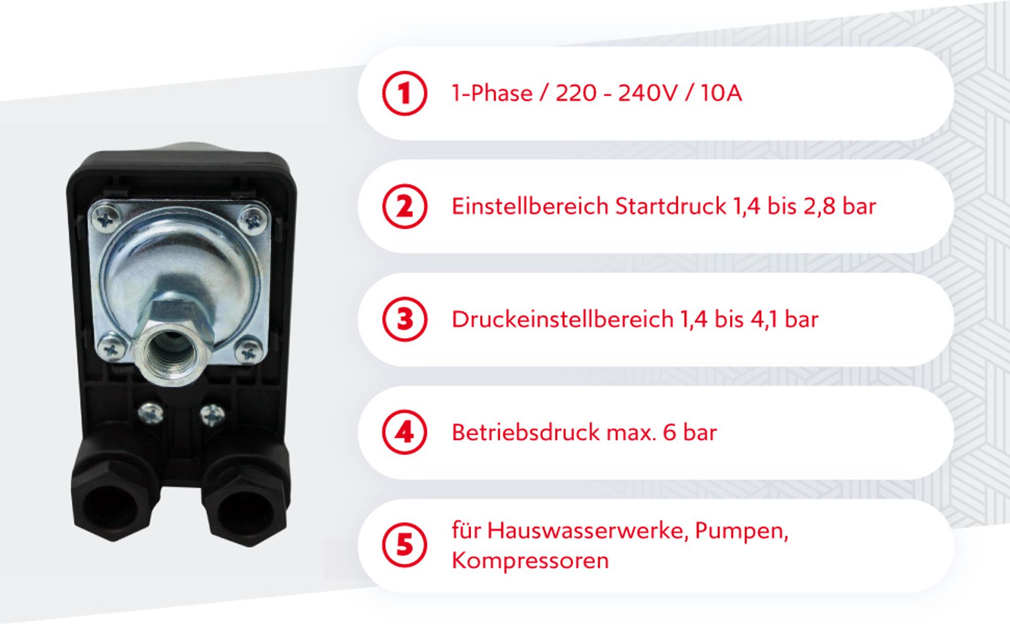 Wiltec Druckschalter SK-9 230V 1-phasig, Druckwächter mit Trockenlaufschutz für Hauswasserwerke und Pumpen, zuverlässige Pumpensteuerung