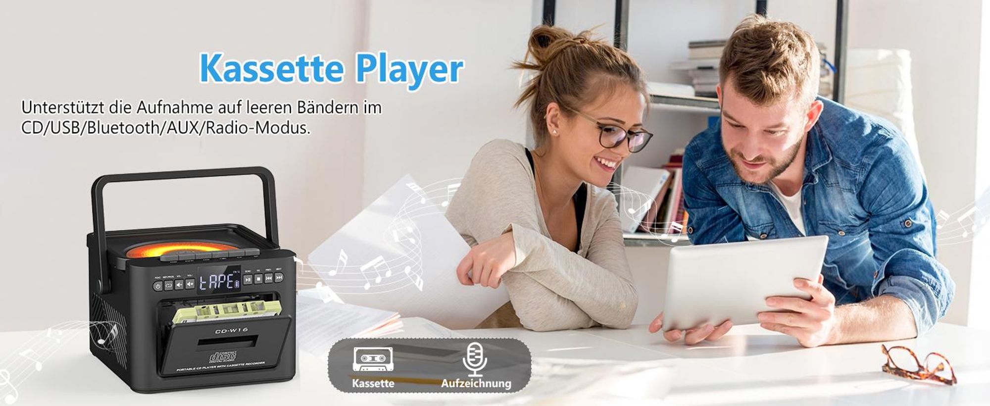 CD Player, Tragbar CD-Player, 5W Bluetooth Lautsprecher, Kassettenspieler mit UKW Radio, 5000mAh wiederaufladbare Akku, Fernbedienung, AUX/USB/SD