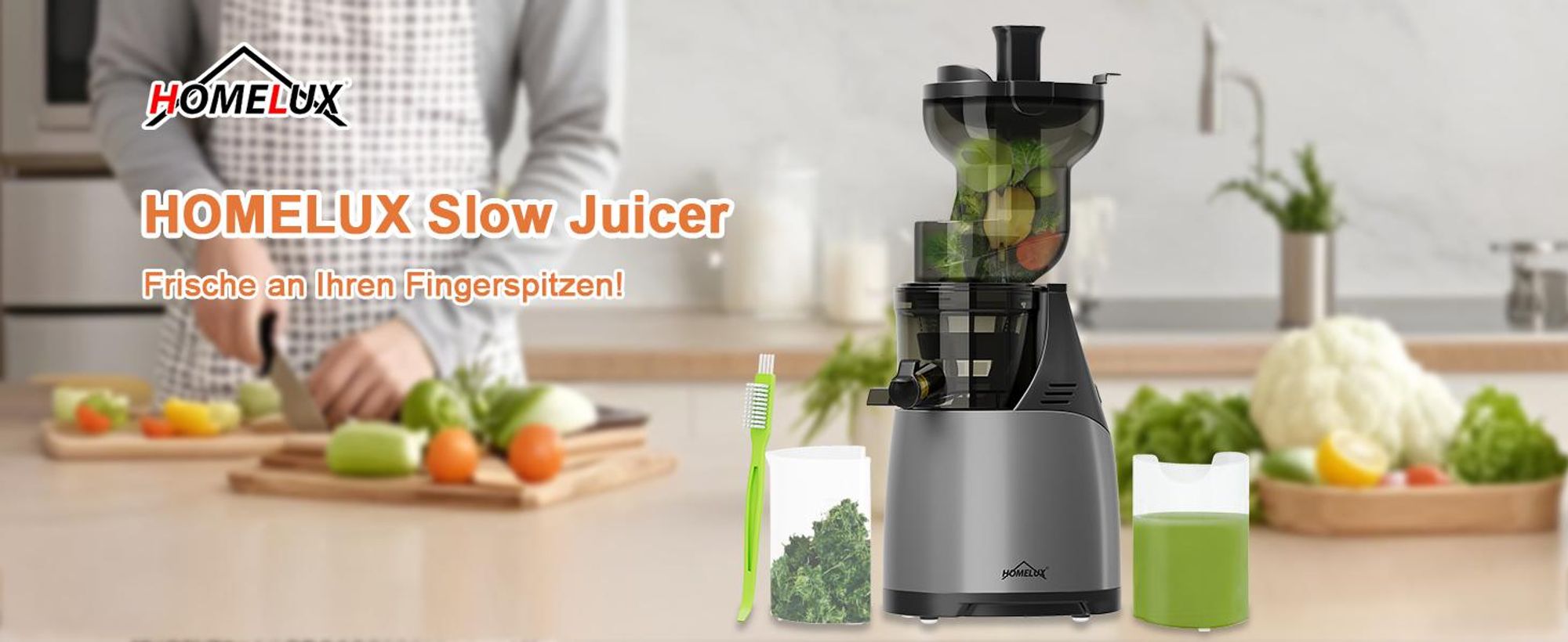 HOMELUX Entsafter 140 MM Slow Juicer 150W Einfüllschacht für Ganze Gemüse und Obst Kaltentsafter Elektrische mit 2 Tassen Reinigungsbürste, Silber