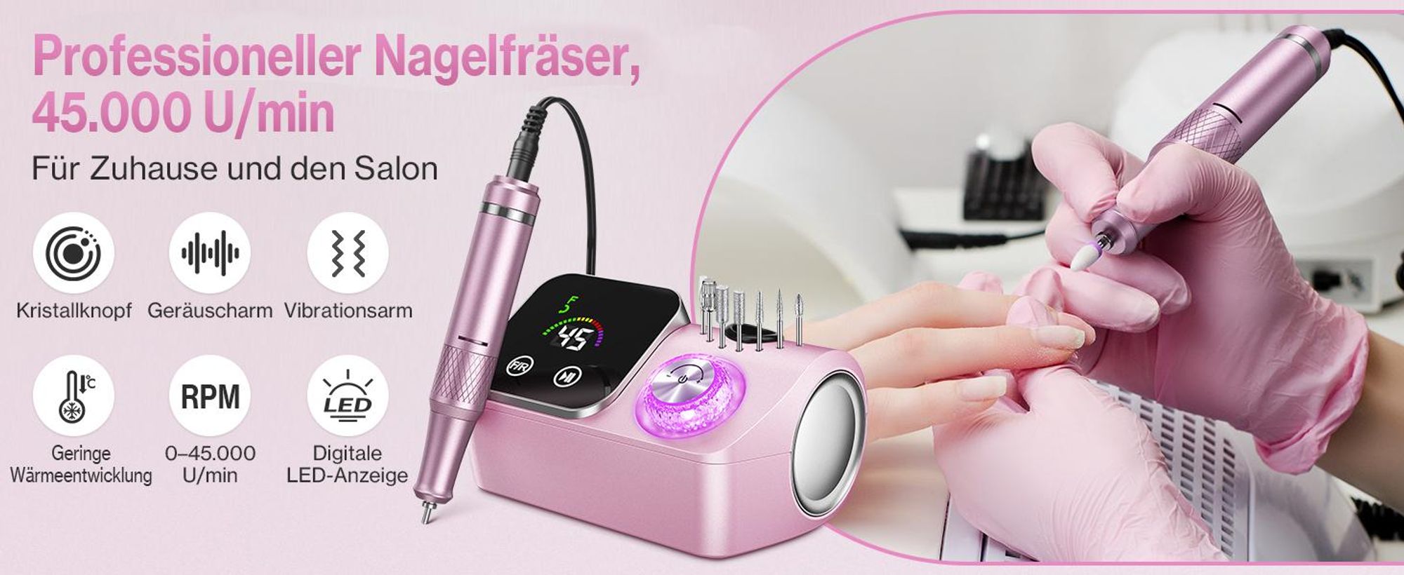 Nagelfräser, Elektrischer Nagelfeile, Nagelbohrer Set, 45000 U/min, Maniküre Pediküre Set mit LCD-Anzeige, für Gelnägel Nagellack Acrylnägel