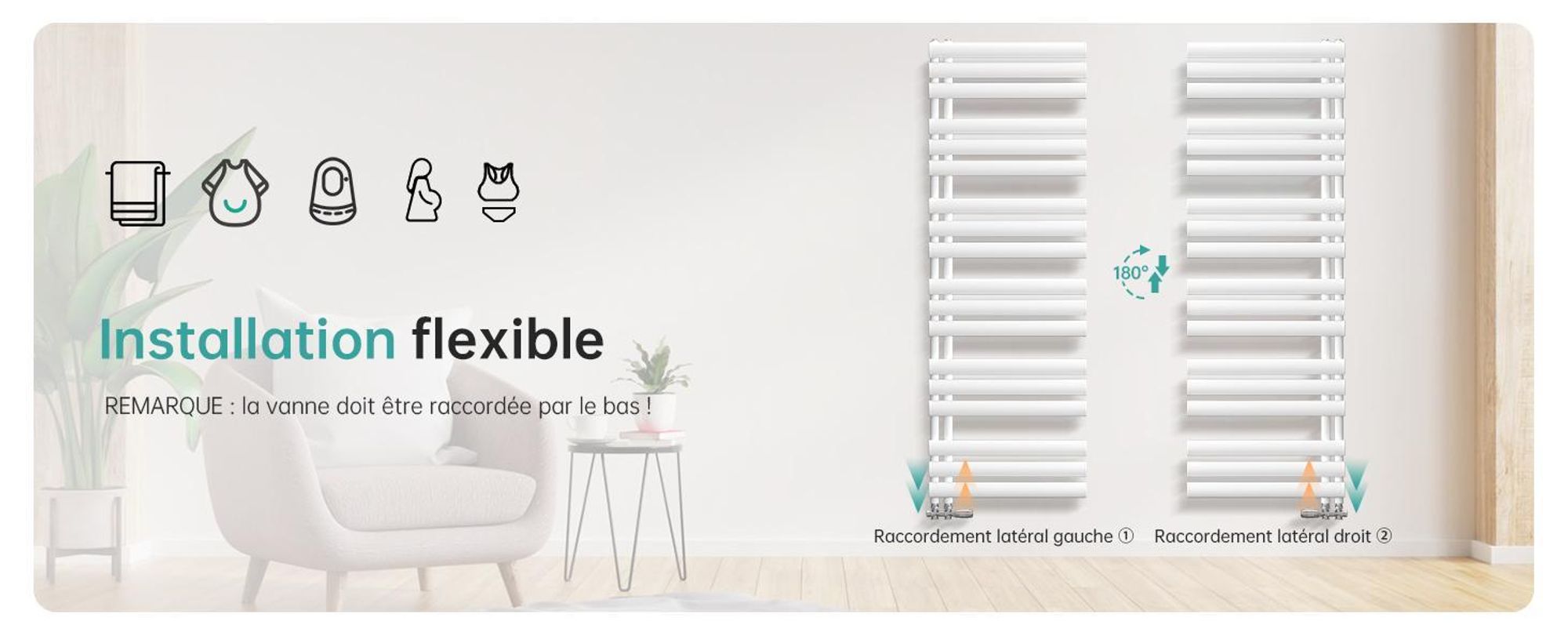 EMKE Radiateur de salle de bain tubulaire Ovale Tubes Radiateur sèche-serviettes vertical Raccord latéral pour eau Blanc 174×60cm 782W sans thermoplongeur